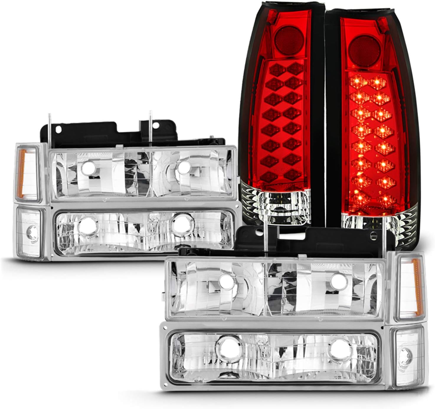 - Fits 1994-1998 C/K 1500 2500 3500 Tahoe Suburban Chrome Headlights + Corner + Signal Lamp + LED Red Tail Lights Pair