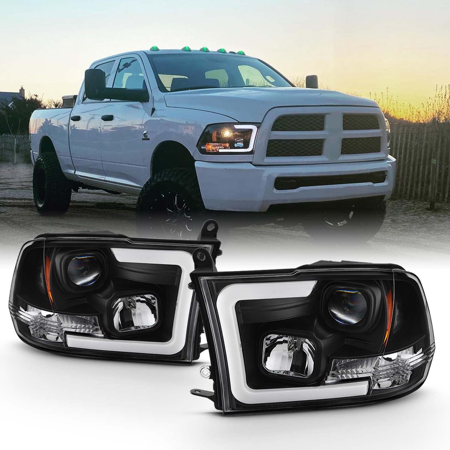 - For 2009-2018 Dodge Ram 1500 2500 3500 Truck LED Tube Black jector Headlights Left+Right Replacement