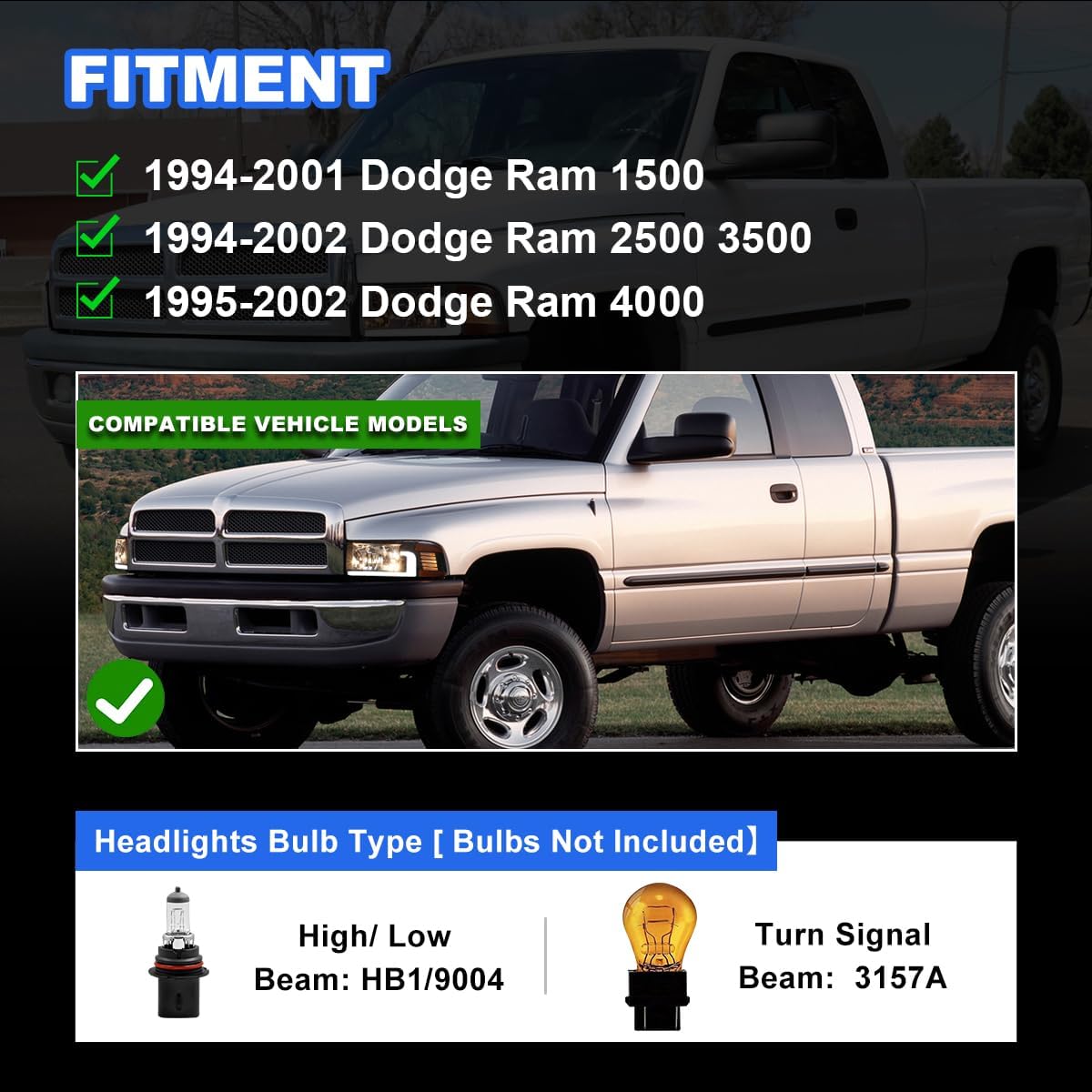 Headlights and LED Tail Lights for 1994-2001 Dodge Ram 1500/1994-2002 Dodge Ram 2500 3500/1995-2002 Dodge Ram 4000, 1 Pair Tail Lights +1 Pair Headlights Assembly Set - Image 2