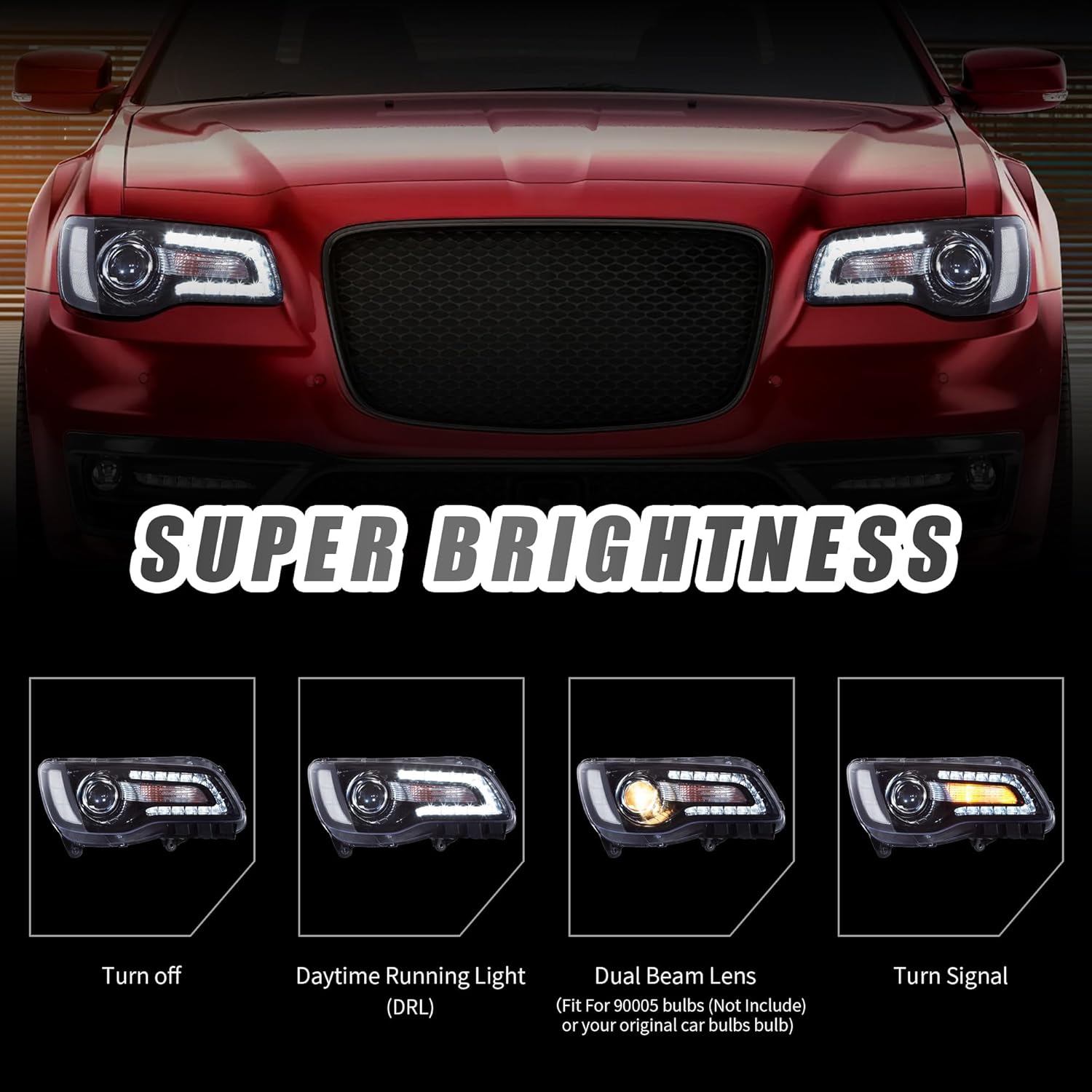 LED Headlights & Tail Lights & 9005 LED Bulbs For 2011-2014 Chrysler 300, Dual Beam jector Front Lamps Assembly, Red & Smoked Lens Taillight - Image 2