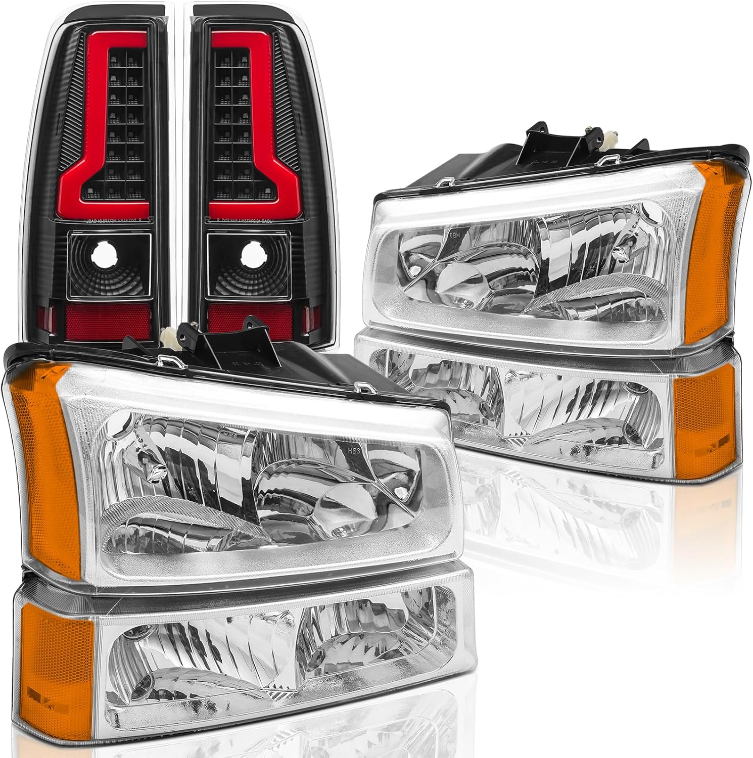Headlights & LED Taillights Combo Kit for 2003-2006 Chevy 1500 2500 3500 & 2007 Chevy Classic Replacement Head/Black Rear Brake Tail Lights Lamps Assembly (LH RH Full Set),Chrome
